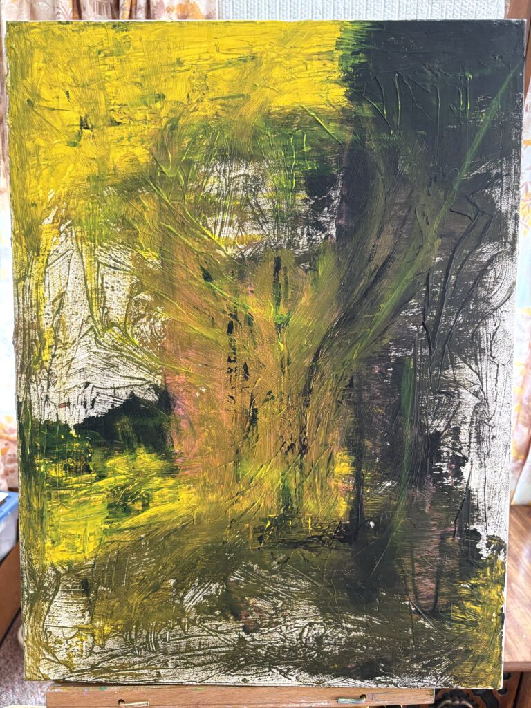 Abstract acrylic painting with yellow, green, and dark layered textures creating a distressed, energetic surface, original artwork by ACFA Creative House