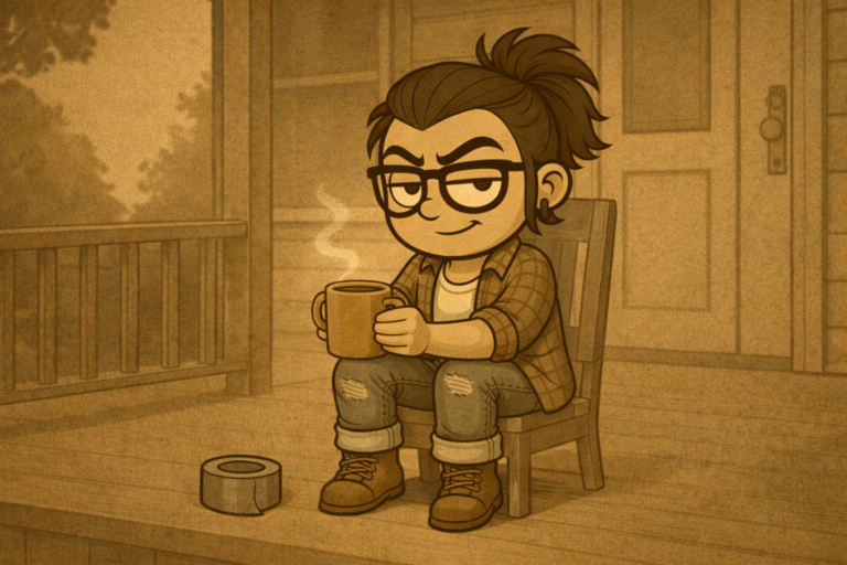 Illustration of ACFA Creative House avatar seated on a wooden crate with a mug on the ground, neutral sepia tone — ACFA Creative House