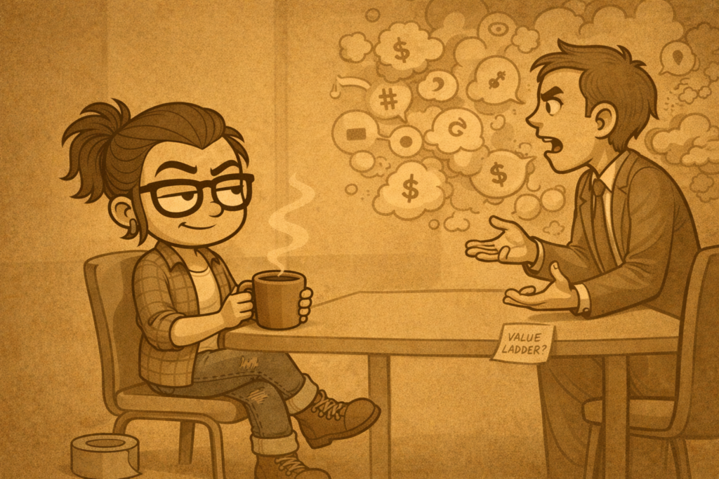 Illustration of a unimpressed woman with a bun and glasses holding a steaming coffee mug while a suited man gestures and speaks; a cloud of buzzwords and symbols floats behind him, and a sticky note on the table reads “VALUE LADDER?”; a roll of duct tape sits on the floor. Created by ACFA Creative House.
