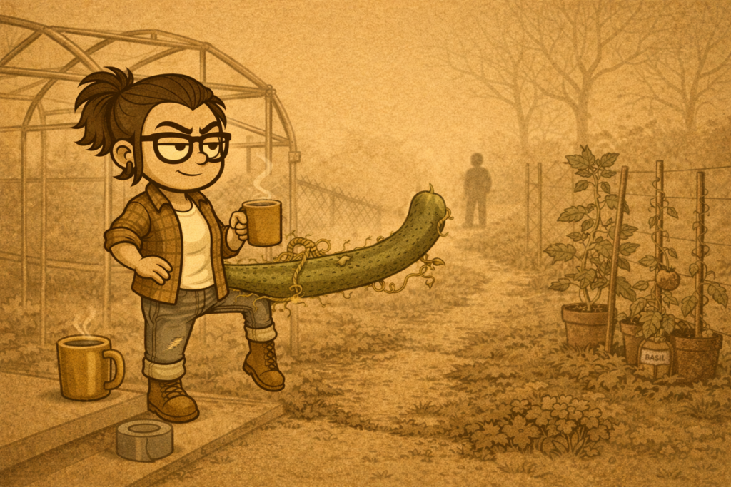Illustration of a smirking woman with a bun and glasses holding a coffee mug while a giant cucumber grows from her boot; a second mug and a roll of duct tape sit on the ground; a greenhouse and garden beds with tomato plants and a “BASIL” label appear in the background. Created by ACFA Creative House.