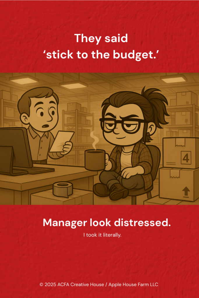 Illustrated Porch avatar scene showing ACFA Creative House creator seated in a warehouse office, holding a coffee mug, while a distressed manager reviews paperwork nearby.