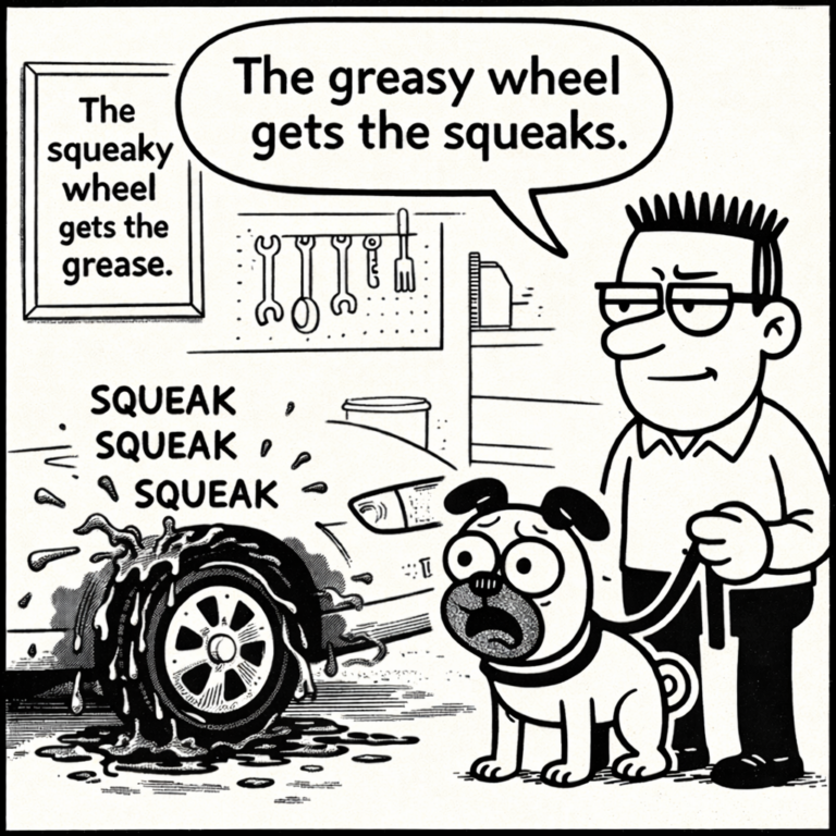 Illustrated comic panel showing a man holding a leash attached to a distressed dog beside a squeaking, grease-covered wheel in a workshop. Illustration by ACFA Creative House.