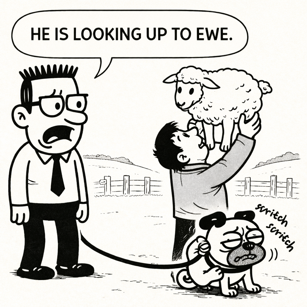 Gill Dilling cartoon for ACFA Creative House: man lifts a lamb overhead while another man says, “HE IS LOOKING UP TO EWE,” as a pug on a leash scratches itself.