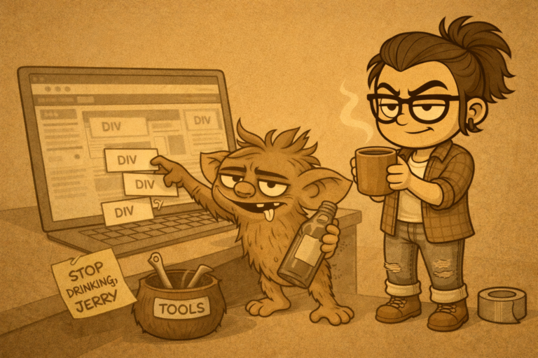 Illustration of a smug woman with a bun and glasses holding a coffee mug while a scruffy goblin-like creature points at a laptop screen covered in “DIV” labels and holds a bottle; a tool bucket labeled “TOOLS” and a note reading “STOP DRINKING JERRY” sit beside the desk; a roll of duct tape is on the floor. Created by ACFA Creative House.