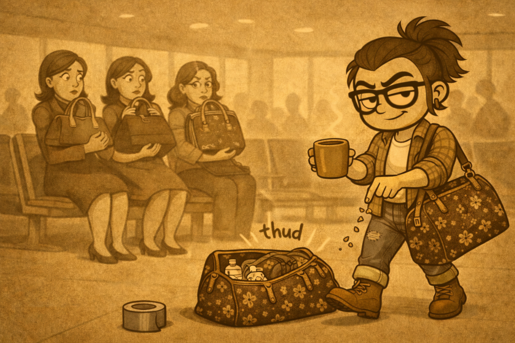 Illustration of a smug woman with a bun and glasses holding a coffee mug while dumping items out of a floral duffel bag onto the floor; three women on a bench clutch purses and stare in shock; a roll of duct tape sits nearby; text reads “thud.” Created by ACFA Creative House.