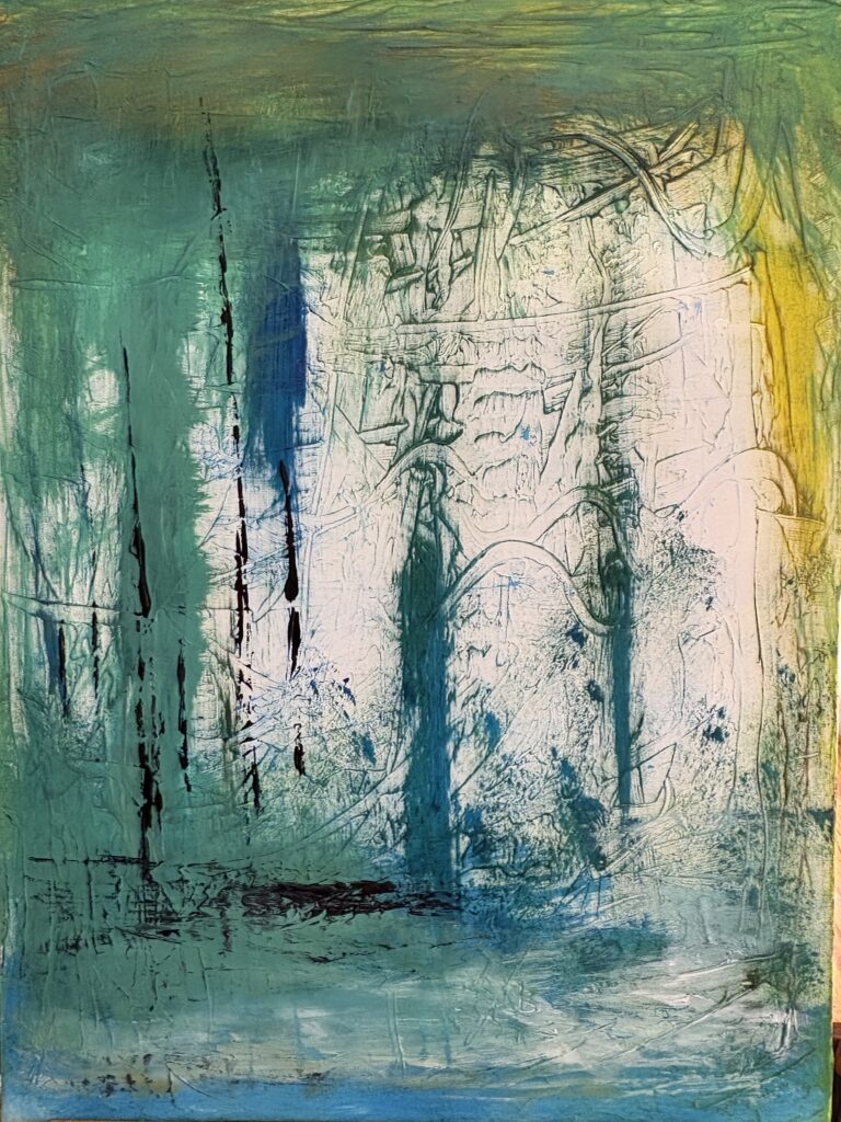 Abstract acrylic painting with layered green, teal, and white textures suggesting a forested landscape, original artwork by ACFA Creative House
