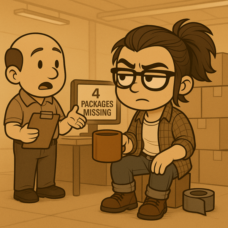 Illustration of a stern woman with a bun and glasses sitting on a box holding a coffee mug while a delivery worker with a clipboard gestures beside her; a computer screen behind them reads “4 PACKAGES MISSING”; stacked boxes and a roll of duct tape are in the room. Created by ACFA Creative House.