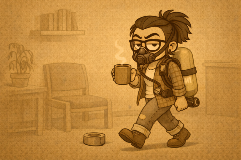 ACFA Creative House — Porch Avatar — Adult Porch wearing a respirator mask and oxygen tank while carrying a steaming mug — Illustration by ACFA Creative House.