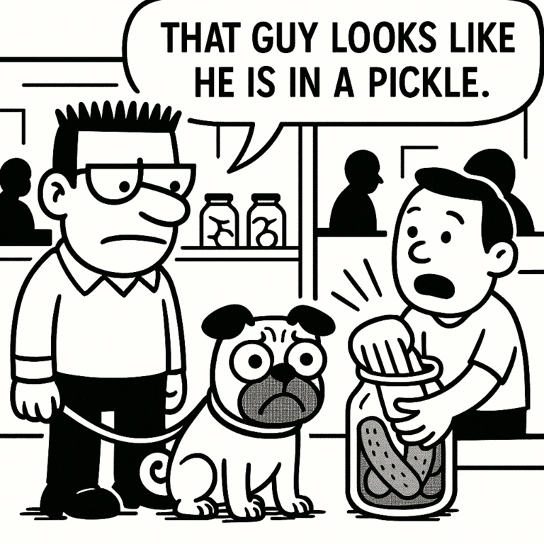 Illustrated comic panel showing two men and a distressed dog on a leash while another man pulls a pickle from a jar in a public setting. Illustration by ACFA Creative House.