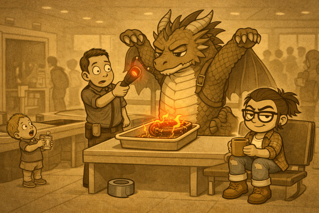 ACFA Creative House — TSA security screening scene: dragon being scanned with wand over flaming tray while Adult Porch sits with coffee mug and duct tape roll nearby, sepia comic illustration, “TSA Soul Buffering” (2025).
