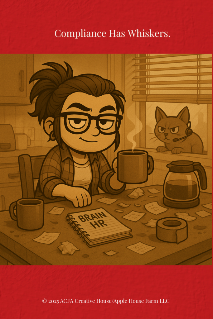 Stylized ACFA Creative House avatar showing a creator seated at a cluttered desk with coffee and paperwork labeled “Brain HR,” while a watchful cat observes from the background, representing compliance, oversight, and internal governance.