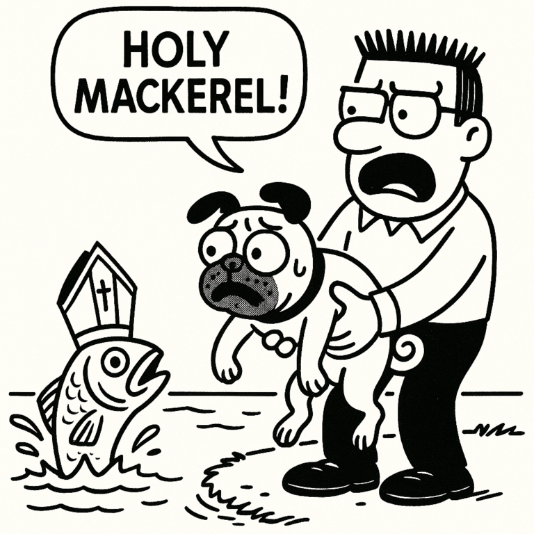 Single-panel comic by Gill Dilling (ACFA Creative House): a panicked man holds a sweating dog while a fish wearing a bishop’s hat leaps from the water; speech bubble reads “HOLY MACKEREL!”