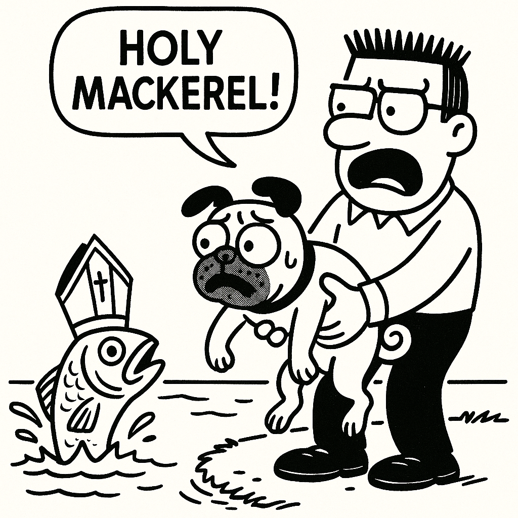 Single-panel comic by Gill Dilling (ACFA Creative House): a panicked man holds a sweating dog while a fish wearing a bishop’s hat leaps from the water; speech bubble reads “HOLY MACKEREL!”