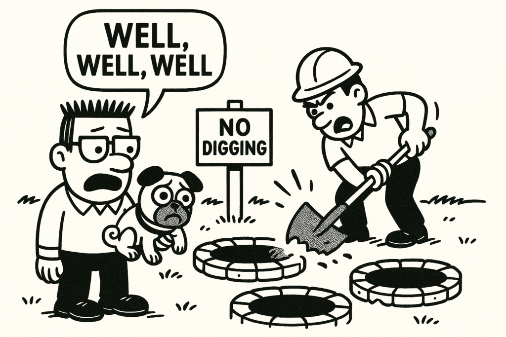 Single-panel comic by Gill Dilling (ACFA Creative House): a shocked man holding a wide-eyed dog watches a worker digging near several holes despite a “NO DIGGING” sign; speech bubble reads “WELL, WELL, WELL.”