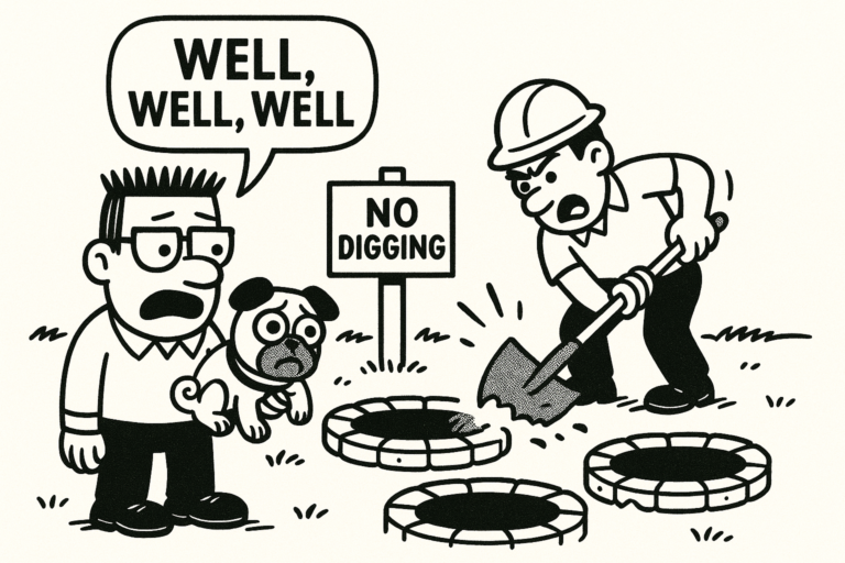 Single-panel comic by Gill Dilling (ACFA Creative House): a shocked man holding a wide-eyed dog watches a worker digging near several holes despite a “NO DIGGING” sign; speech bubble reads “WELL, WELL, WELL.”