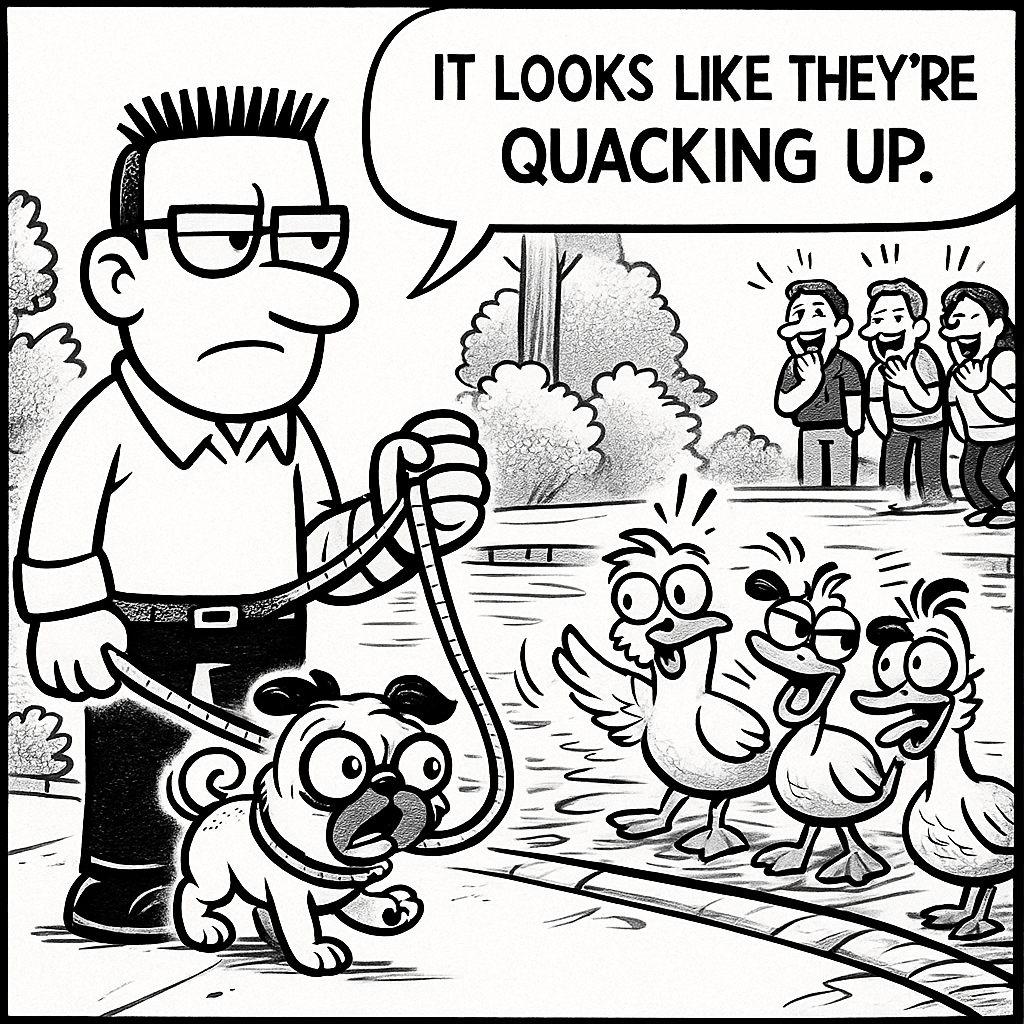 Single-panel comic by Gill Dilling (ACFA Creative House): a stern man walks a small dog on a leash past three ducks near a pond while people laugh in the background; text reads “It looks like they’re quacking up.”