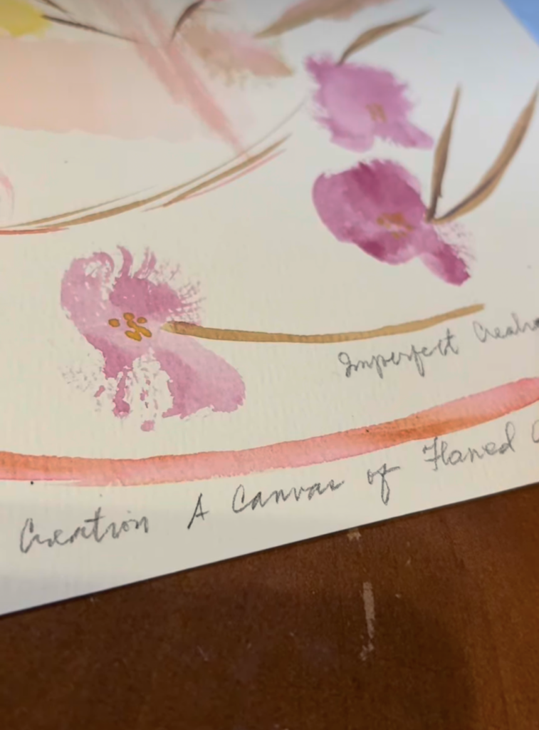 Photograph of a pink floral watercolor artwork on paper, created by ACFA Creative House.