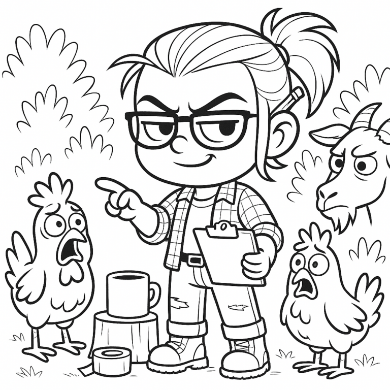 Illustrated Tiny Porch avatar pointing while holding a clipboard, surrounded by shocked chickens and a wary goat, with a grounded mug and duct tape nearby in an outdoor yard. Illustration by ACFA Creative House.