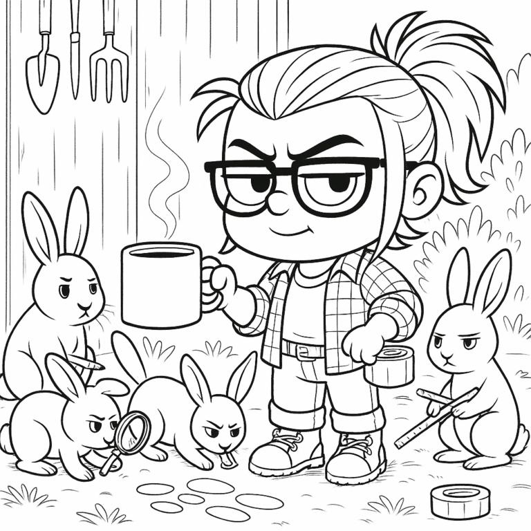 Illustrated Tiny Porch avatar holding a mug while a group of stern rabbits conduct a mock investigation at her feet, using tools and tape, with gardening tools in the background. Illustration by ACFA Creative House.