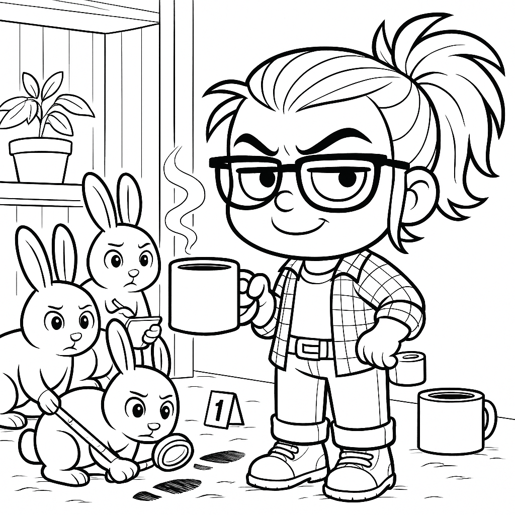 Illustrated Tiny Porch avatar holding a mug while a team of rabbits conducts a CSI-style investigation at her feet, examining tracks and evidence markers indoors. Illustration by ACFA Creative House.