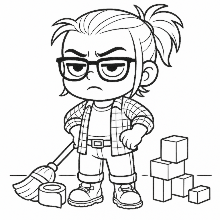 Black-and-white line illustration of Tiny Porch holding a broom and standing beside stacked blocks outdoors. Illustration by ACFA Creative House.