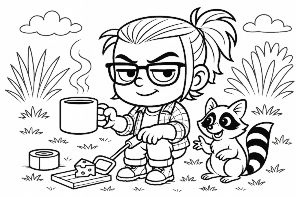 Black-and-white line illustration of Tiny Porch holding a coffee mug while setting a cheese trap on the ground beside a raccoon outdoors. Illustration by ACFA Creative House.