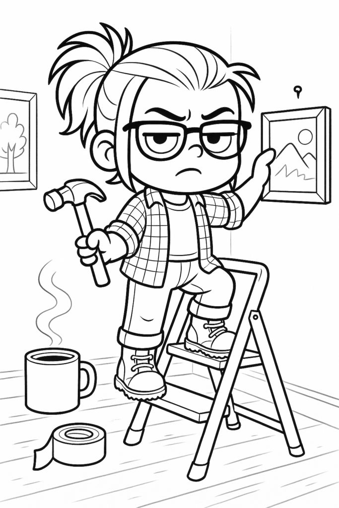 Tiny Porch stands on a step ladder hanging a framed picture on a wall, holding a hammer; a coffee mug and roll of duct tape sit on the floor, ACFA Creative House.