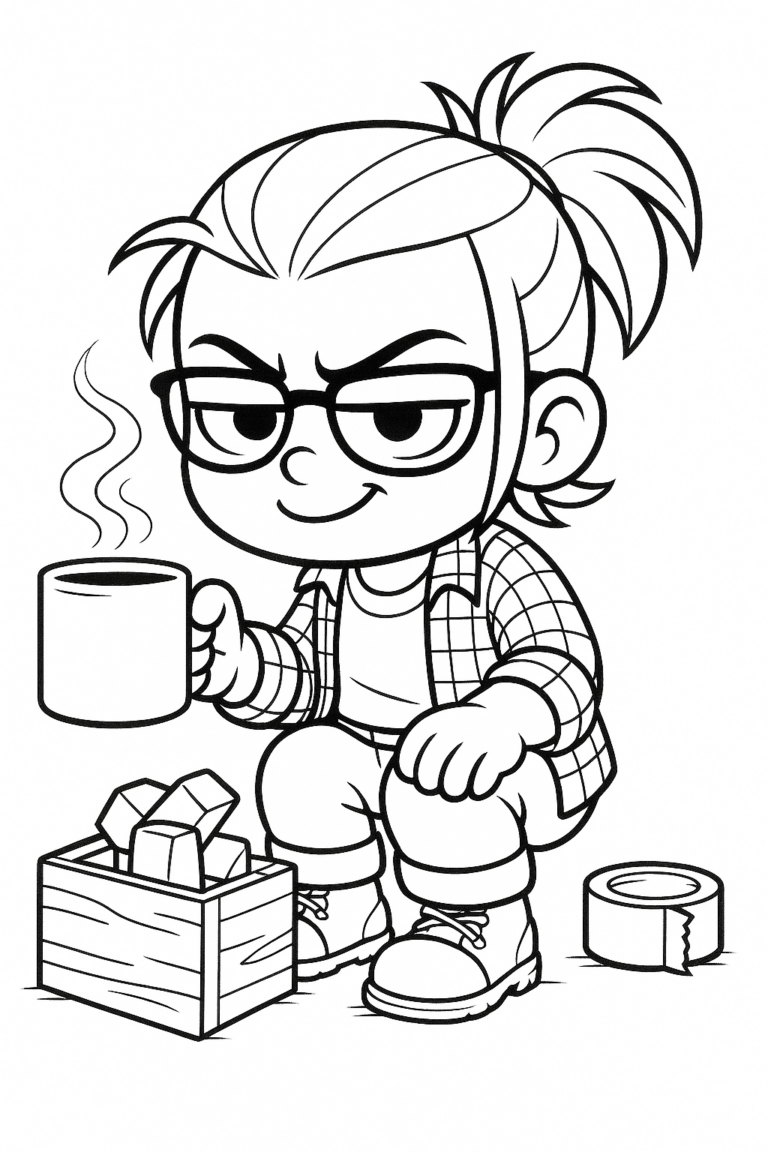 Illustrated scene of Tiny Porch crouching with a mug beside a toolbox and duct tape, ACFA Creative House.