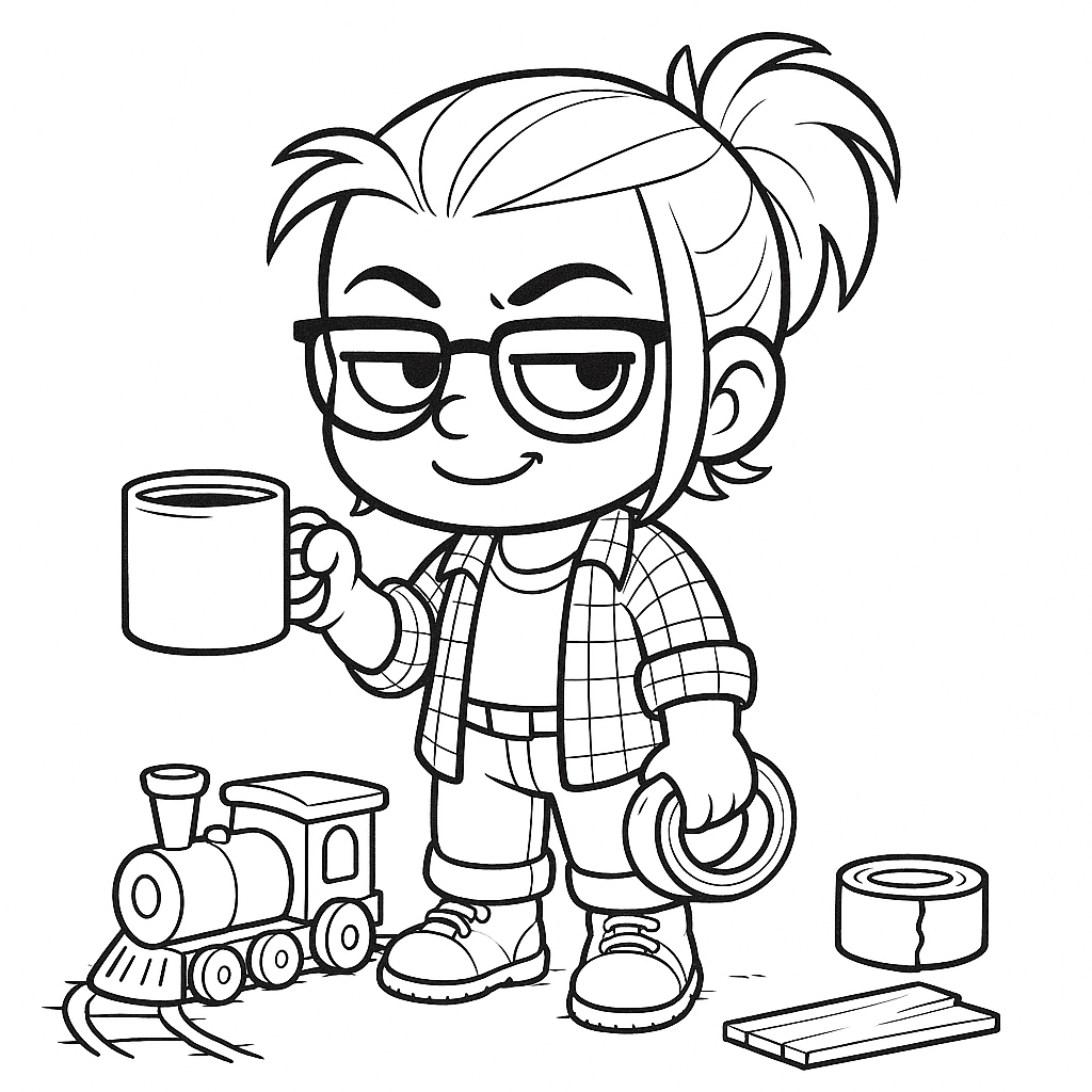 Illustrated scene of Tiny Porch holding a mug beside a toy train, duct tape nearby, ACFA Creative House.