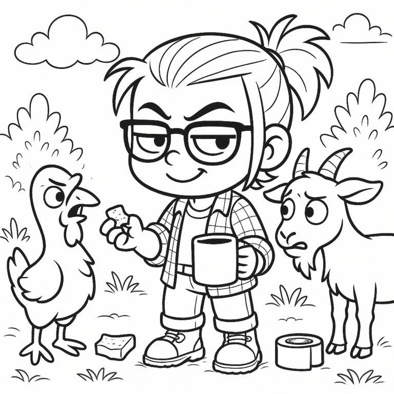 Illustrated scene of Tiny Porch holding a mug and food with a turkey and goat, duct tape nearby, ACFA Creative House.