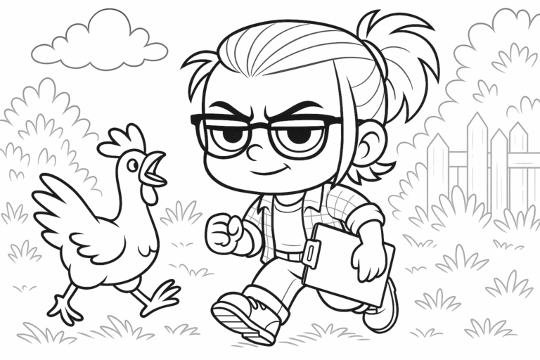 Illustrated Tiny Porch avatar running with a clipboard while a chicken sprints ahead in a fenced yard, suggesting active documentation during a low-stakes farmyard chase. Illustration by ACFA Creative House.