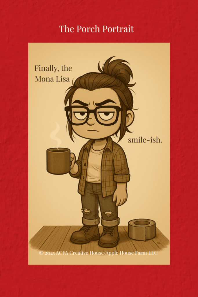 Canonical Illustrated Porch avatar of ACFA Creative House creator standing on a wooden porch, holding a coffee mug with duct tape on the floor, neutral expression, flannel shirt and boots.