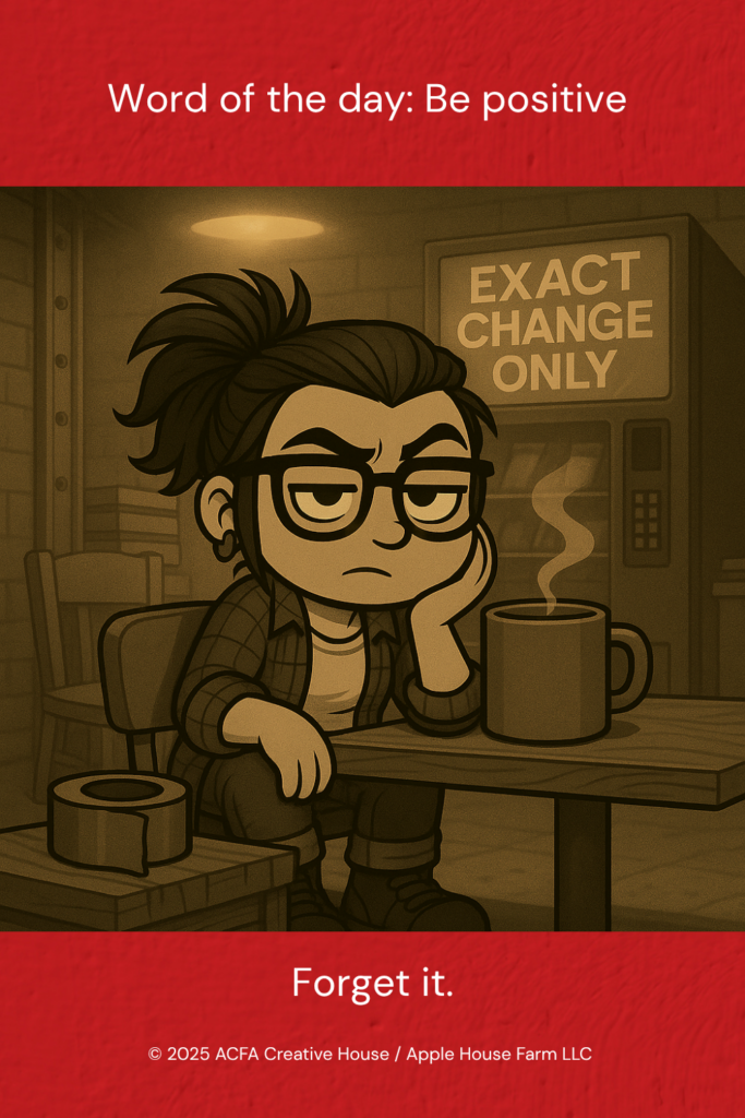 Illustrated ACFA Creative House situational avatar seated at a café table, holding a coffee mug, half-lidded expression, duct tape on the floor beside the chair, muted sepia lighting.