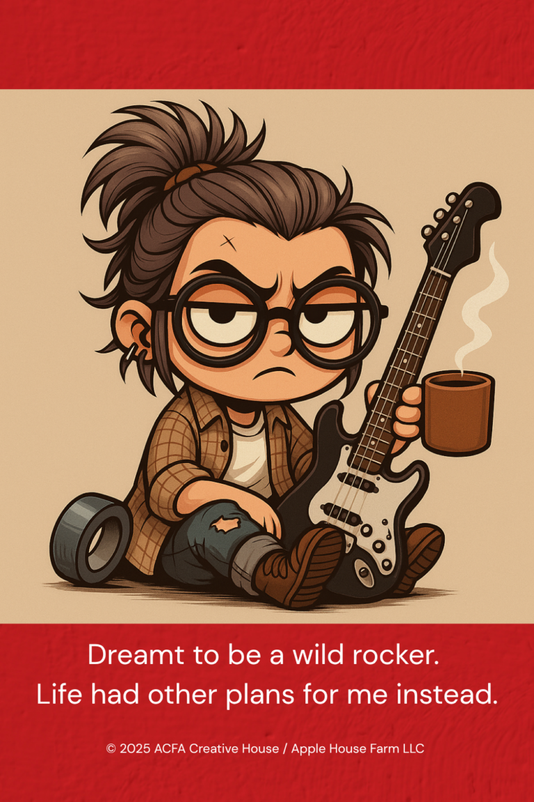 Illustrated ACFA Creative House situational avatar seated on the floor holding an electric guitar and a coffee mug, half-lidded expression, duct tape roll beside the leg, muted sepia lighting.