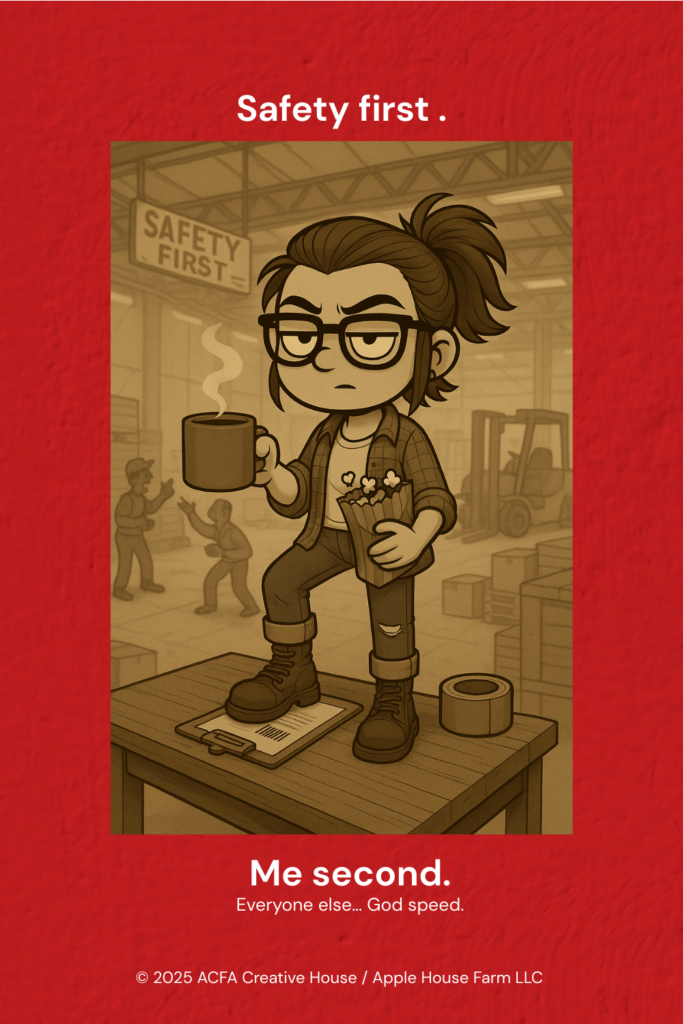 Illustrated ACFA Creative House porch avatar standing on a worktable in an industrial warehouse, holding a coffee mug and wearing work boots, with safety signage and workers in the background.