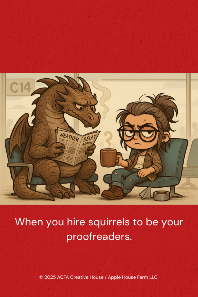 Stylized ACFA Creative House avatar showing a tired creator with coffee seated beside a dragon reading a document labeled “Weather Delay,” illustrating editorial oversight humor and process fatigue.