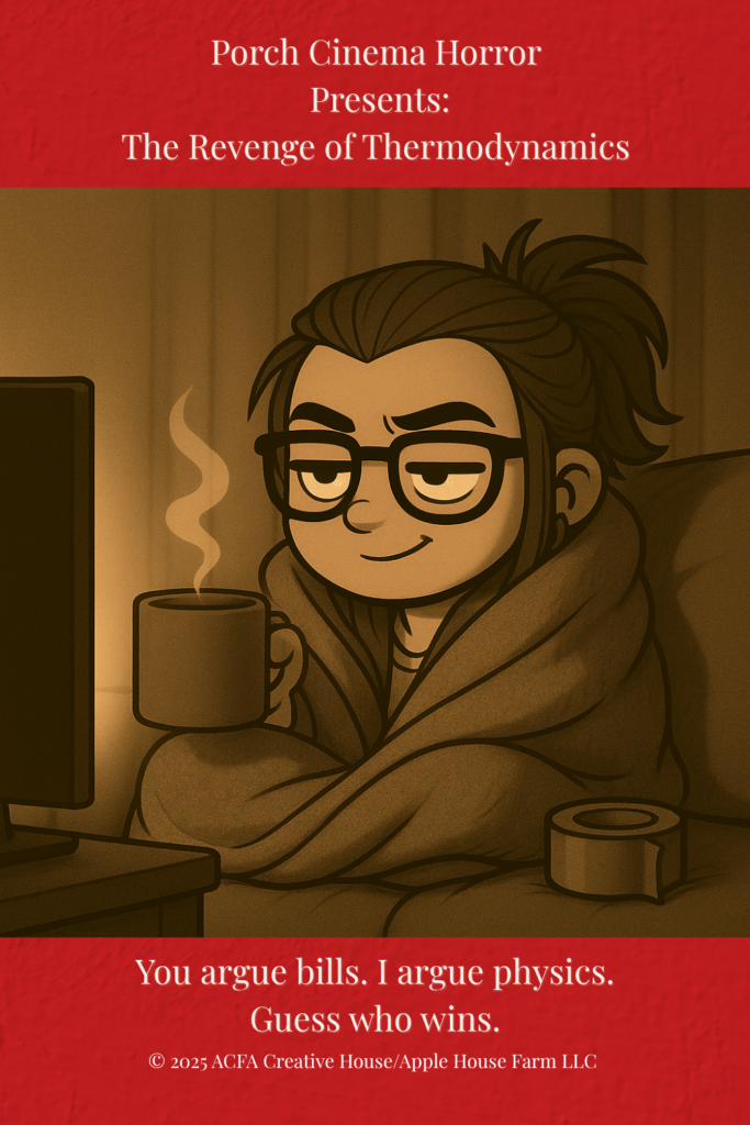 Stylized ACFA Creative House avatar showing a bundled creator holding coffee while watching a screen, with duct tape nearby, illustrating fatigue, entropy, and system limits through visual metaphor.