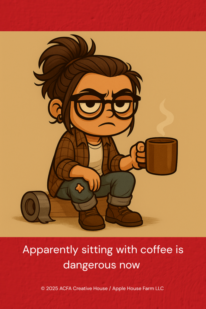 Illustrated character sitting on the floor holding a coffee mug, wearing glasses and casual clothing, rendered in a warm, muted palette; stylized avatar artwork by ACFA Creative House.
