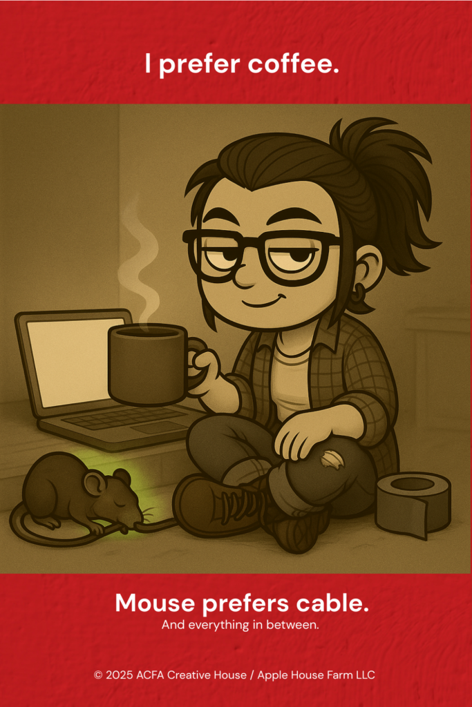 Stylized ACFA Creative House avatar showing a seated creator holding coffee beside a laptop, with a mouse interacting with cables and equipment, symbolizing unintended consequences, system interference, and emergent behavior.