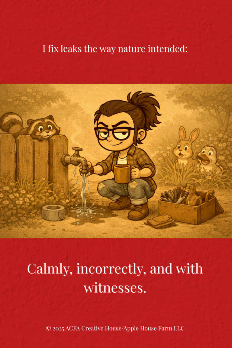 Tiny Porch squats beside a leaking outdoor faucet, holding a mug while water spills into a puddle; squirrel and rabbits watch with wide-eyed concern. Top text reads, “I fix leaks the way nature intended:” — ACFA Creative House.