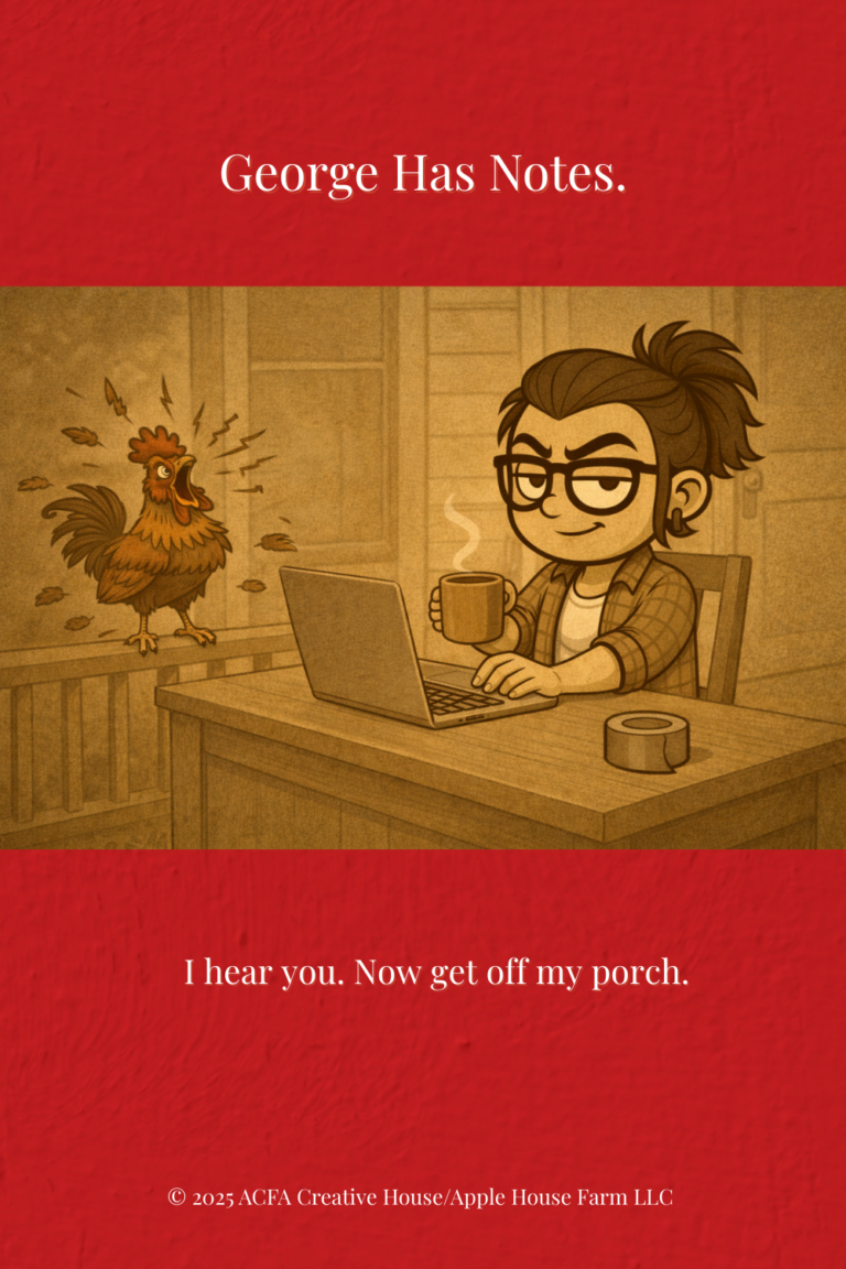 Adult Porch sits at a desk holding a steaming mug and typing on a laptop while a rooster named George screams on the porch railing behind her. Top text reads “George Has Notes.” and bottom text reads “I hear you. Now get off my porch.” — ACFA Creative House.