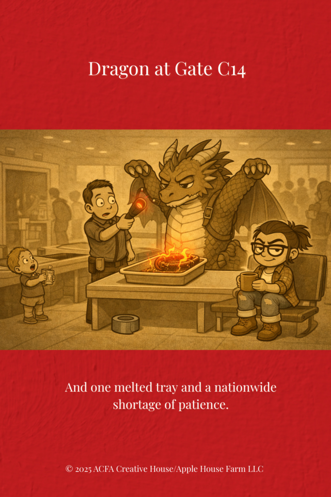 Airport security scene: a TSA agent scans a dragon while a tray melts with fire; Adult Porch sits calmly holding a mug, duct tape on the floor, while a child watches. Top text reads “Dragon at Gate C14” and bottom text reads “And one melted tray and a nationwide shortage of patience.” — ACFA Creative House.