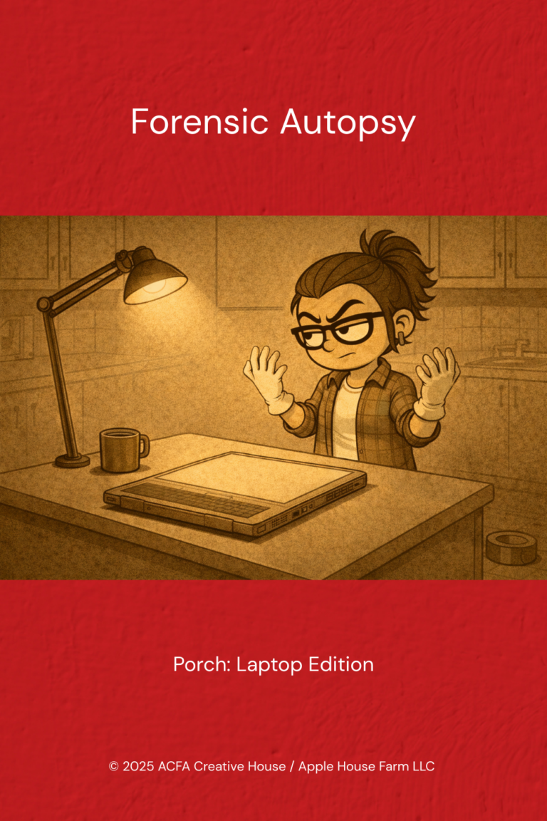 Adult Porch in a sepia-toned scene at a desk with a laptop under a lamp, hands raised, with red header text “Forensic Autopsy” and footer text “Porch: Laptop Edition.” — ACFA Creative House