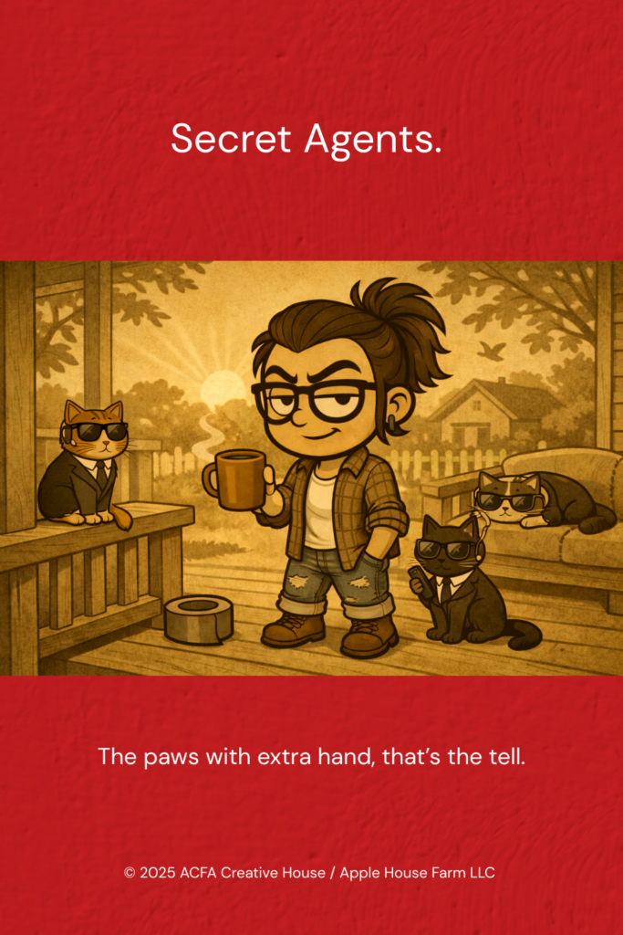 Sepia porch scene of Adult Porch holding a coffee mug at sunrise, surrounded by three cats wearing dark sunglasses, with a grounded duct tape roll near her feet. Red textured header reads “Secret Agents.” and footer reads “The paws with extra hand, that’s the tell.” — ACFA Creative House