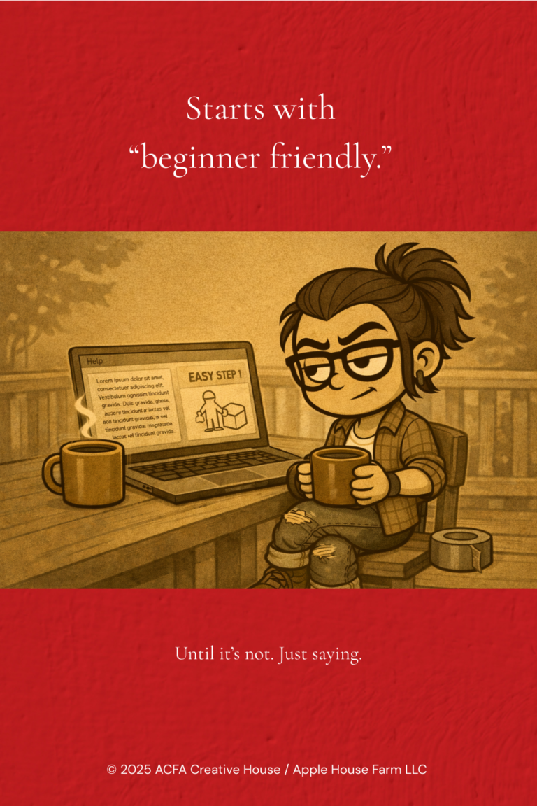 ACFA Creative House — Adult Porch avatar panel: “Starts with ‘beginner friendly.’” Porch sits at a table holding coffee beside a laptop showing “Easy Step 1.”