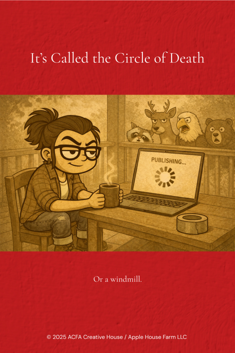 ACFA Creative House — Adult Porch avatar panel: Porch at a table with coffee while a laptop shows “Publishing…” loading spinner; deer, raccoon, eagle, and bear watch from behind.