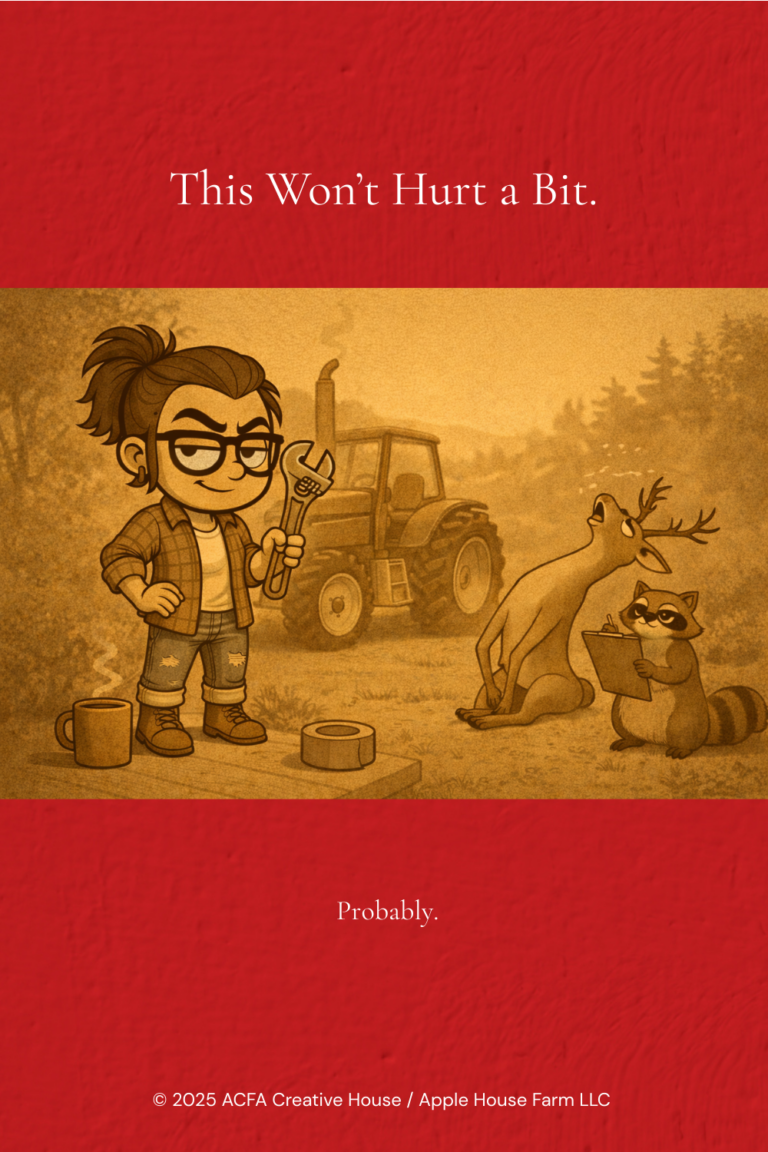 ACFA Creative House — Adult Porch avatar panel: “This Won’t Hurt a Bit.” Porch holding a wrench with coffee nearby while a deer faints and a raccoon takes notes.