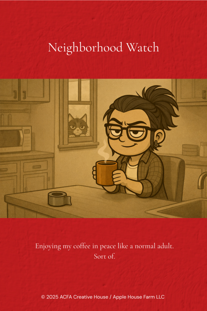 ACFA Creative House — Adult Porch avatar panel: Porch holding a steaming coffee mug in a kitchen while a semi-feral cat watches through the window.