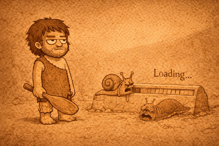 ACFA Creative House — Patch comic panel PA-0023 — Patch stands holding a wooden club watching two distressed snails stuck on a large “Loading…” progress bar; one snail crawls out of the bar screaming while another lies exhausted below it.