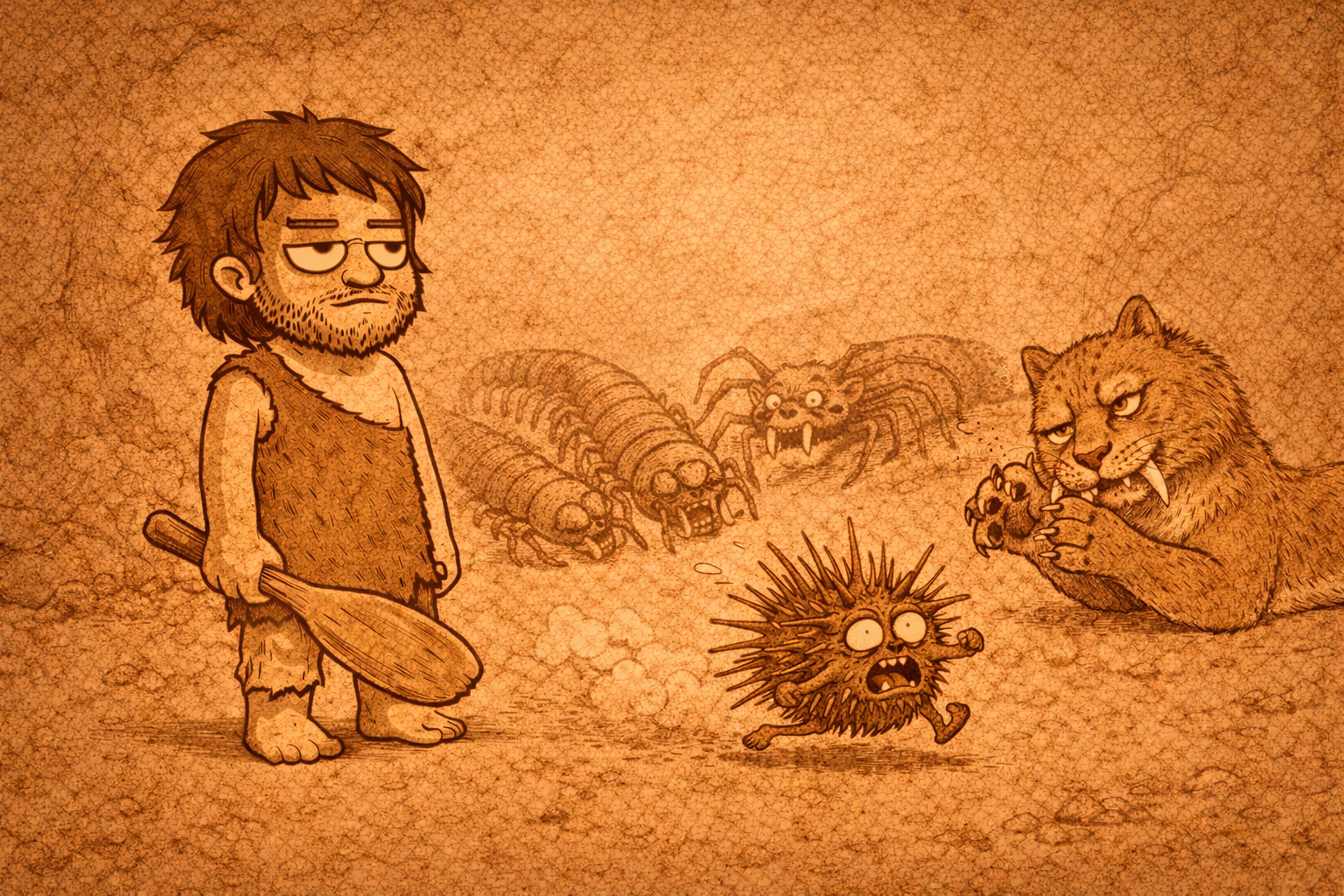 ACFA Creative House — Patch comic panel PA-0025 — Patch stands holding a wooden club as a spiky sea urchin runs away screaming; a large cat watches with an unimpressed expression; a pill bug and spider loom in the background.